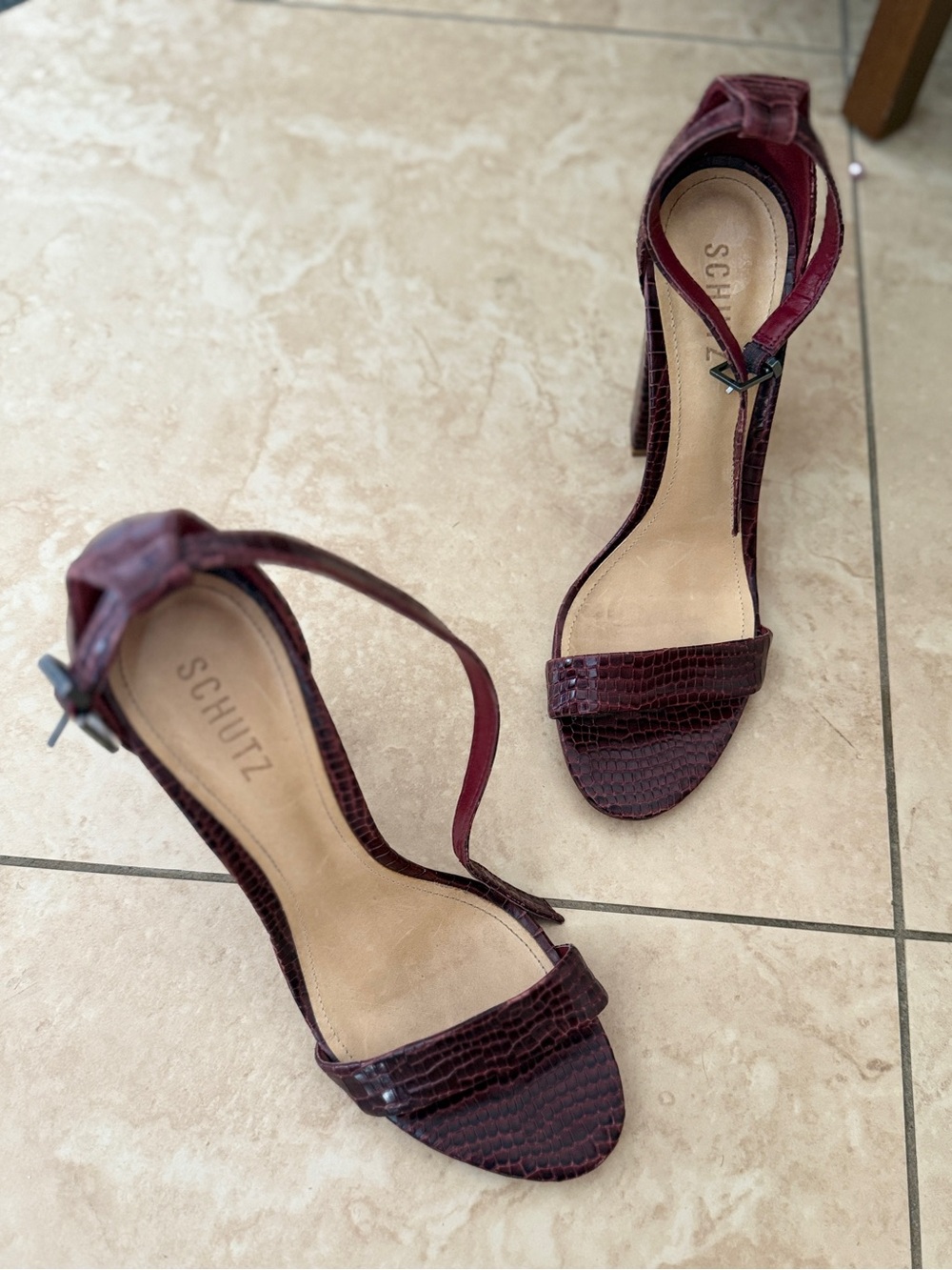 SCHUTZ Deep Burgundy Croc-Embossed Ankle-Strap Heels